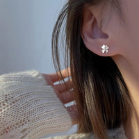 925 Silver-Plated Four Leaf Clover Heart Stud Earrings Women Crystal Accent 1055