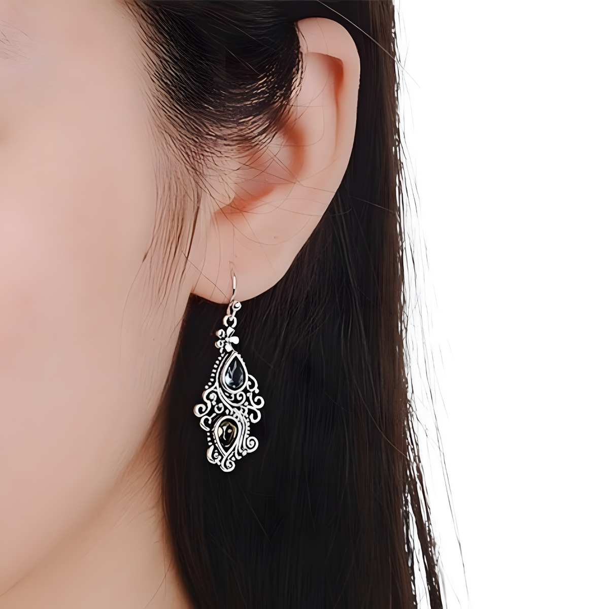Vintage Floral Drop Earrings Women – Dual Teardrop Gemstone Dangle Earrings 548