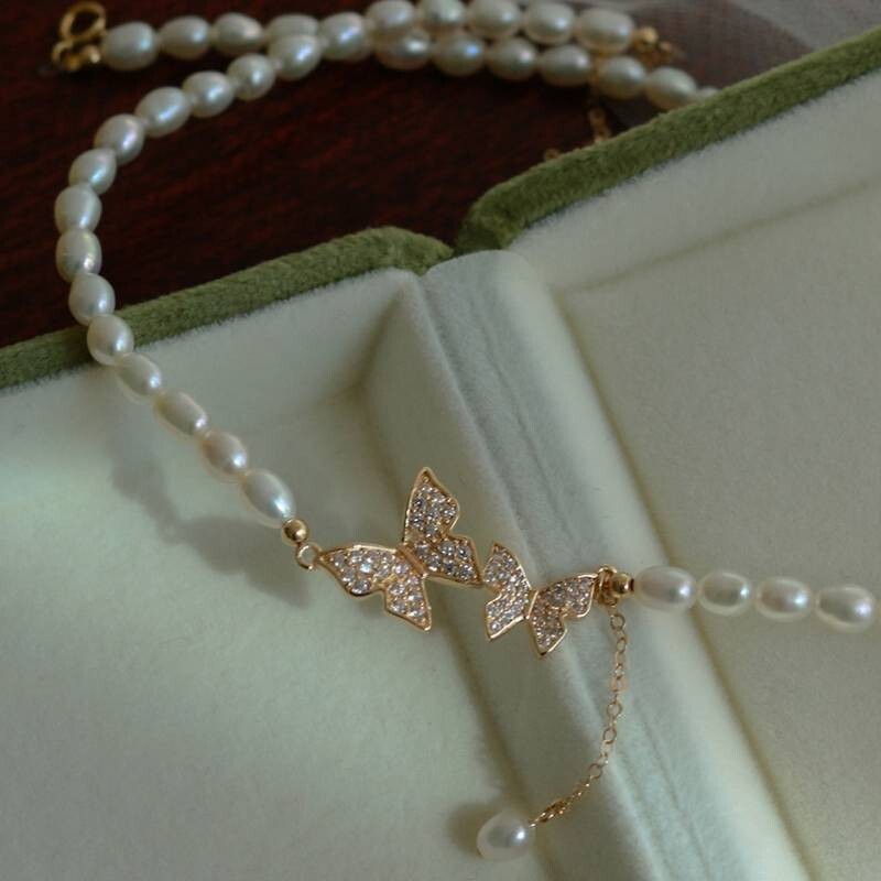 Butterfly Necklace Faux Pearls Beads Elegant Bead Necklace Rhinestones 69 UK