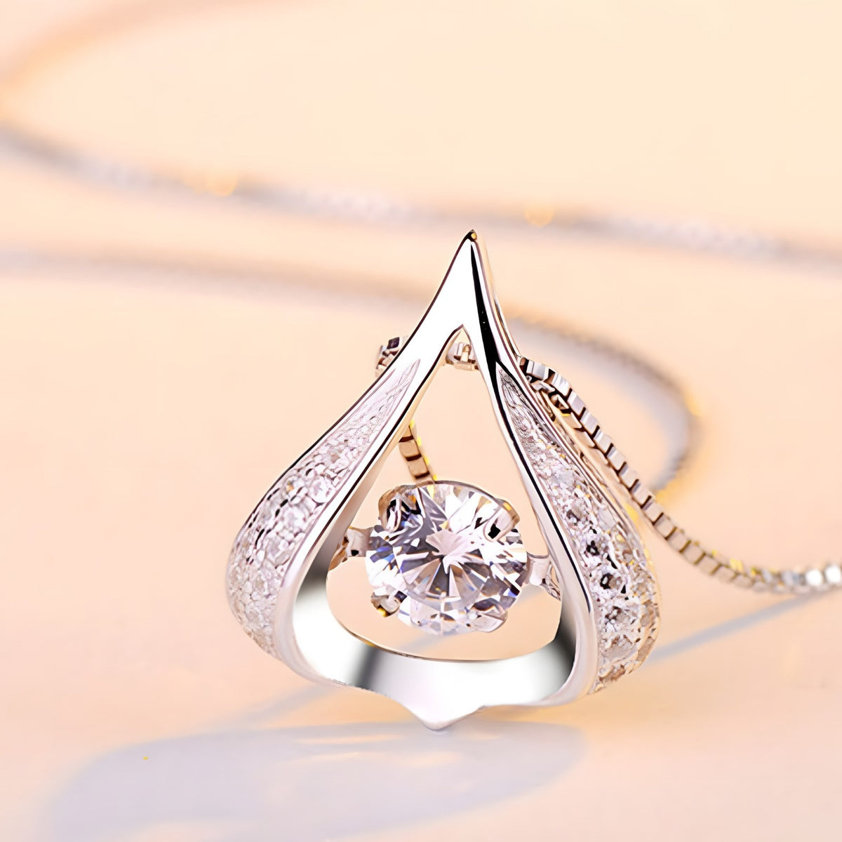 925 Sterling Silver Beating Heart Necklace for Women -Water Drop Crystal AAA 404