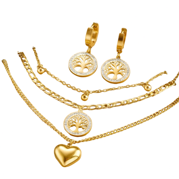 3 PCS Layered Gold Necklace Set Women Heart & Tree of Life Pendant & Earing 704