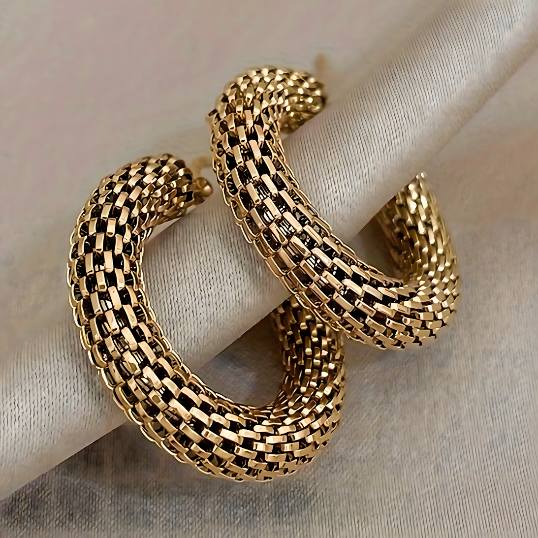 Chunky Huggie Hoop Earrings for Women Gold Color Stainless Steel Mesh Woven 645