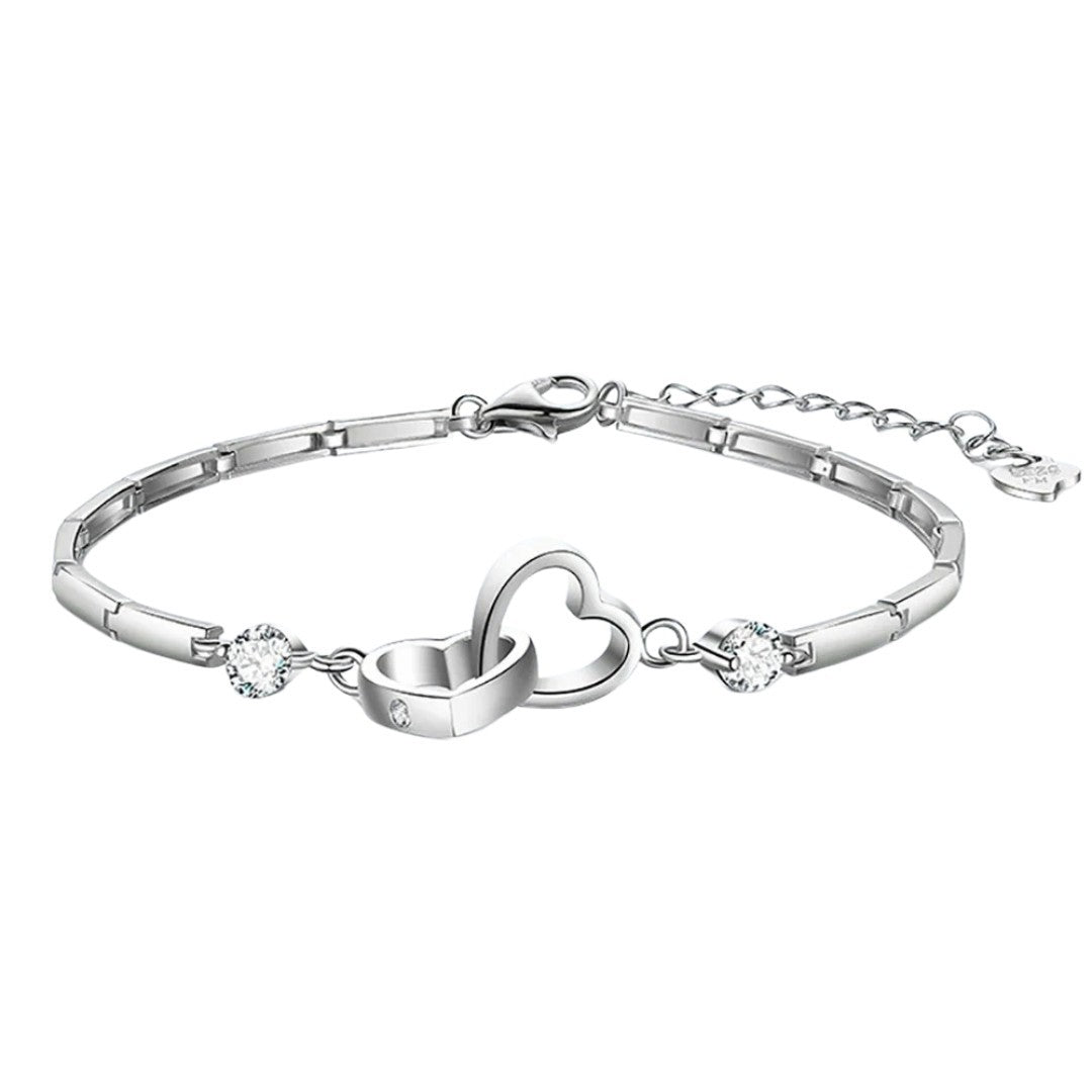 Silver Plated Double Heart Bracelet with Cubic Zirconia Stones for Women 419
