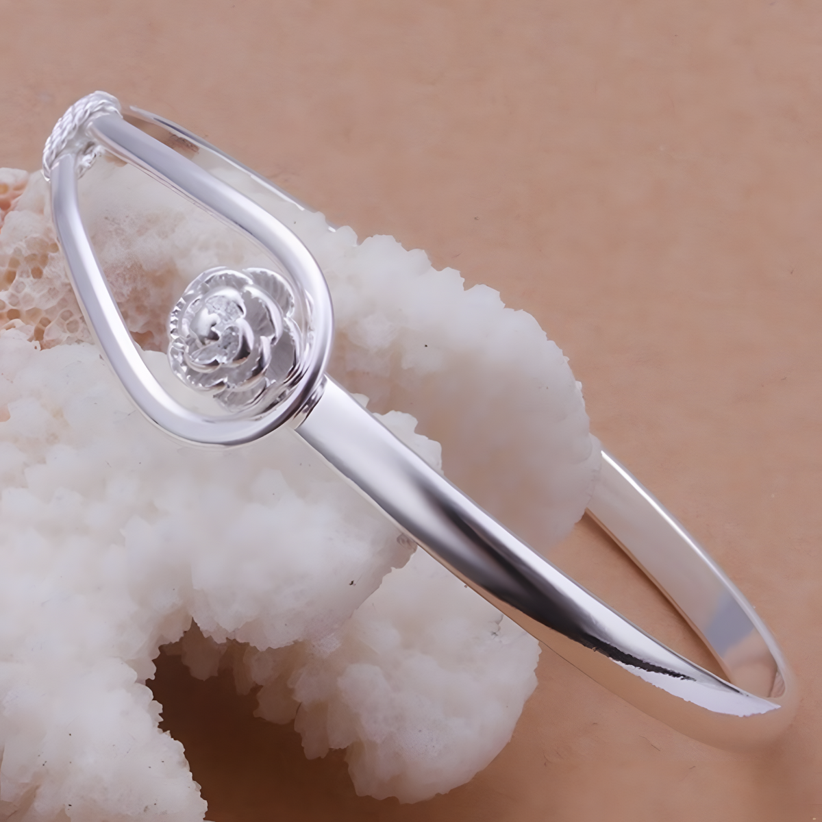 925 Silver-Plated Flower Bangle Women Elegant Plant Design Bracelet, Copper 904