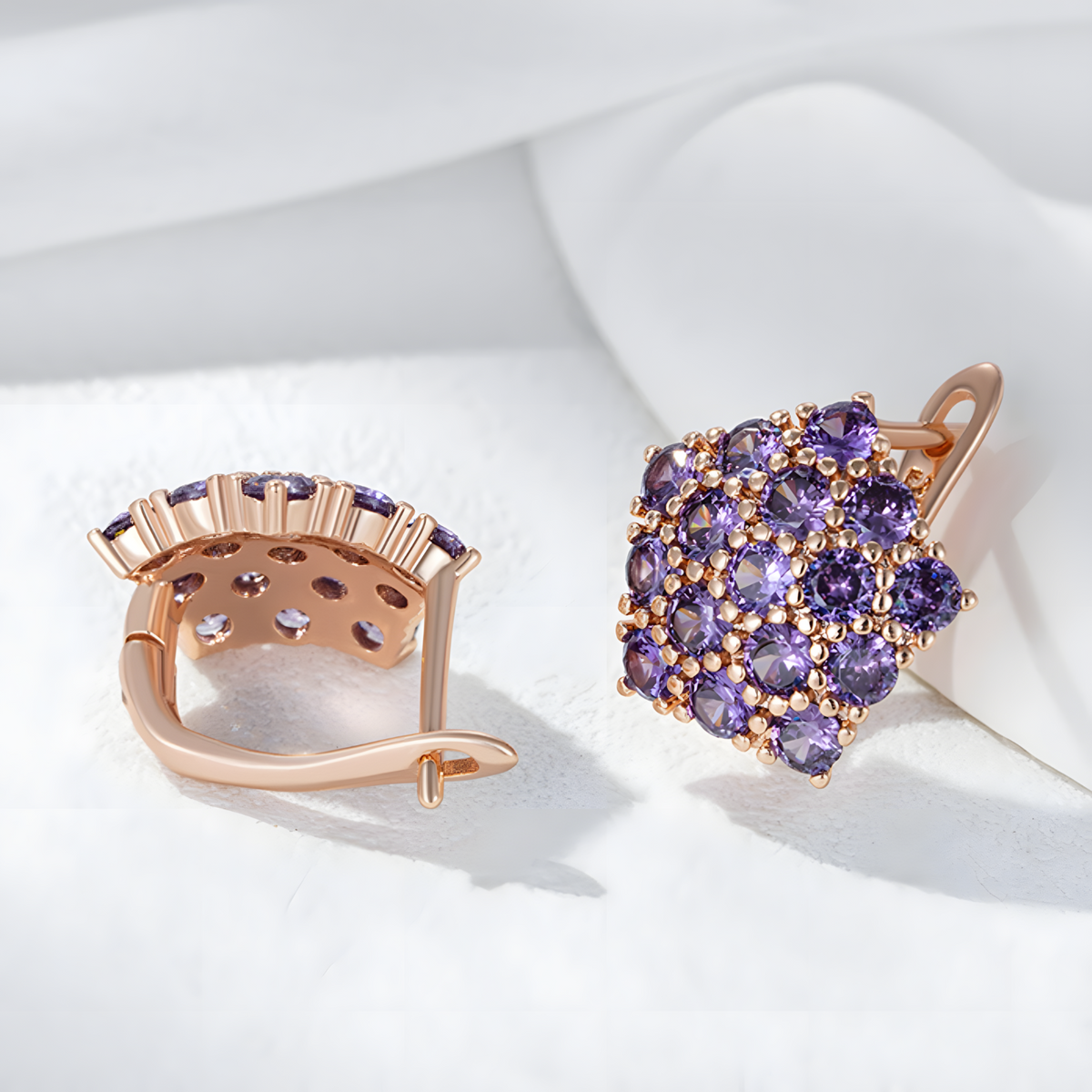 Purple Natural Zircon Cluster Drop Earrings for Women Copper Base Rose Gold 1299