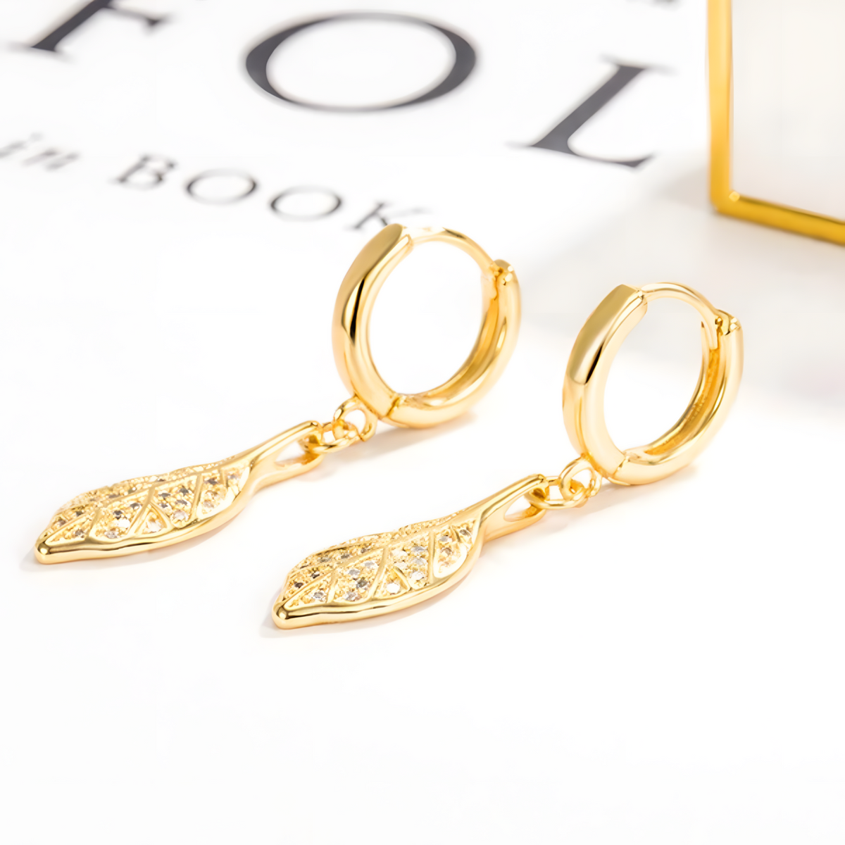 Gold Leaf Drop Hoop Earrings for Women, 925 Sterling Silver Zircon Dangle 301