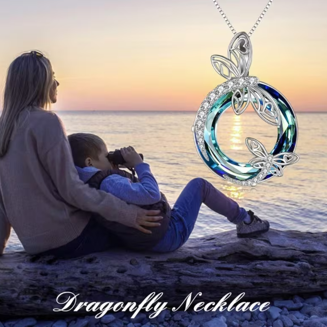 Dragonfly Necklace for Women Blue Crystal Round Pendant 39.2cm Chain 3.2cm B144