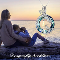 Dragonfly Necklace for Women Blue Crystal Round Pendant 39.2cm Chain 3.2cm B144