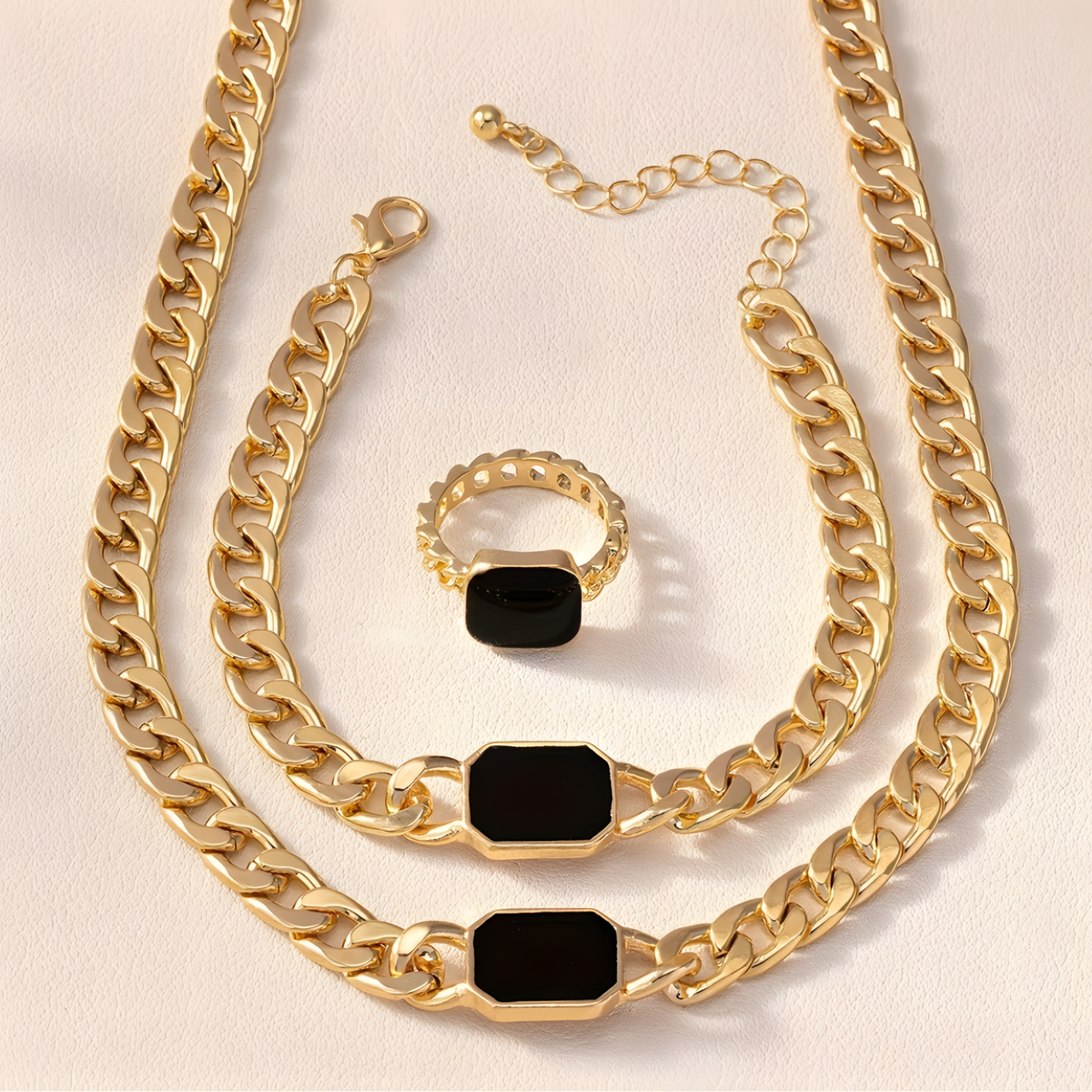 3-Piece Gold Colour Jewellery Set Chain Necklace, Bracelet & Adjustable Ring 728