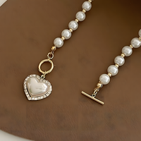 Pearl Heart Pendant Necklace Gold Tone Toggle Clasp Beaded Chain Statement -1397