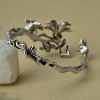 Vintage Floral Cuff Bracelet, Silver Tone Magnolia Flower Open Bangle 1799