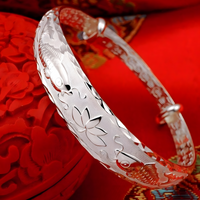Lotus Fish Pattern Open Bangle Bracelet For Women Adjustable Cuff Wide Text 1771