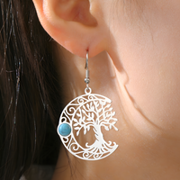 Filigree Tree of Life Dangle Earrings for Women, Crescent Moon Earrings B171