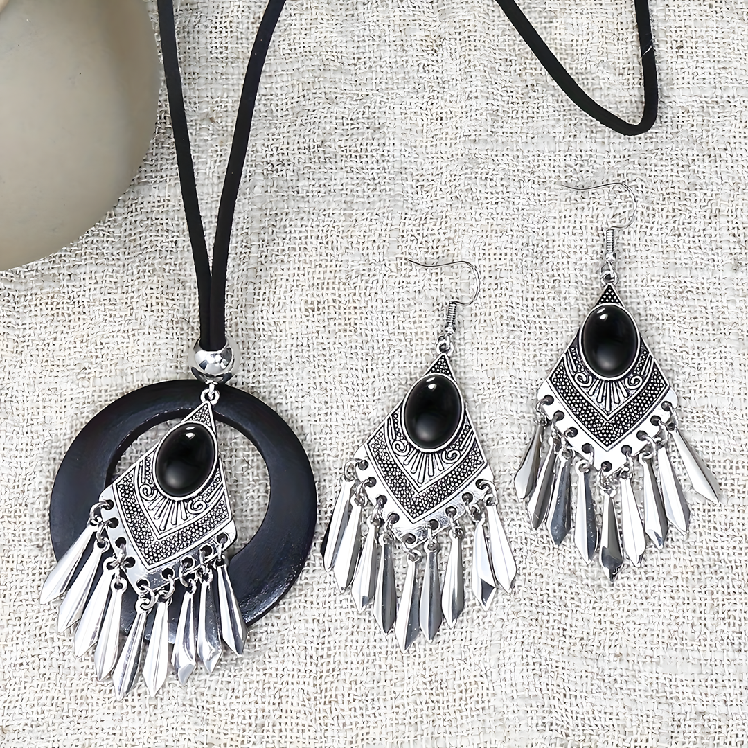 Retro Silver Geometric Tassel Jewelry Set Women –Ethnic Black Stone Necklace 687