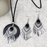 Retro Silver Geometric Tassel Jewelry Set Women –Ethnic Black Stone Necklace 687