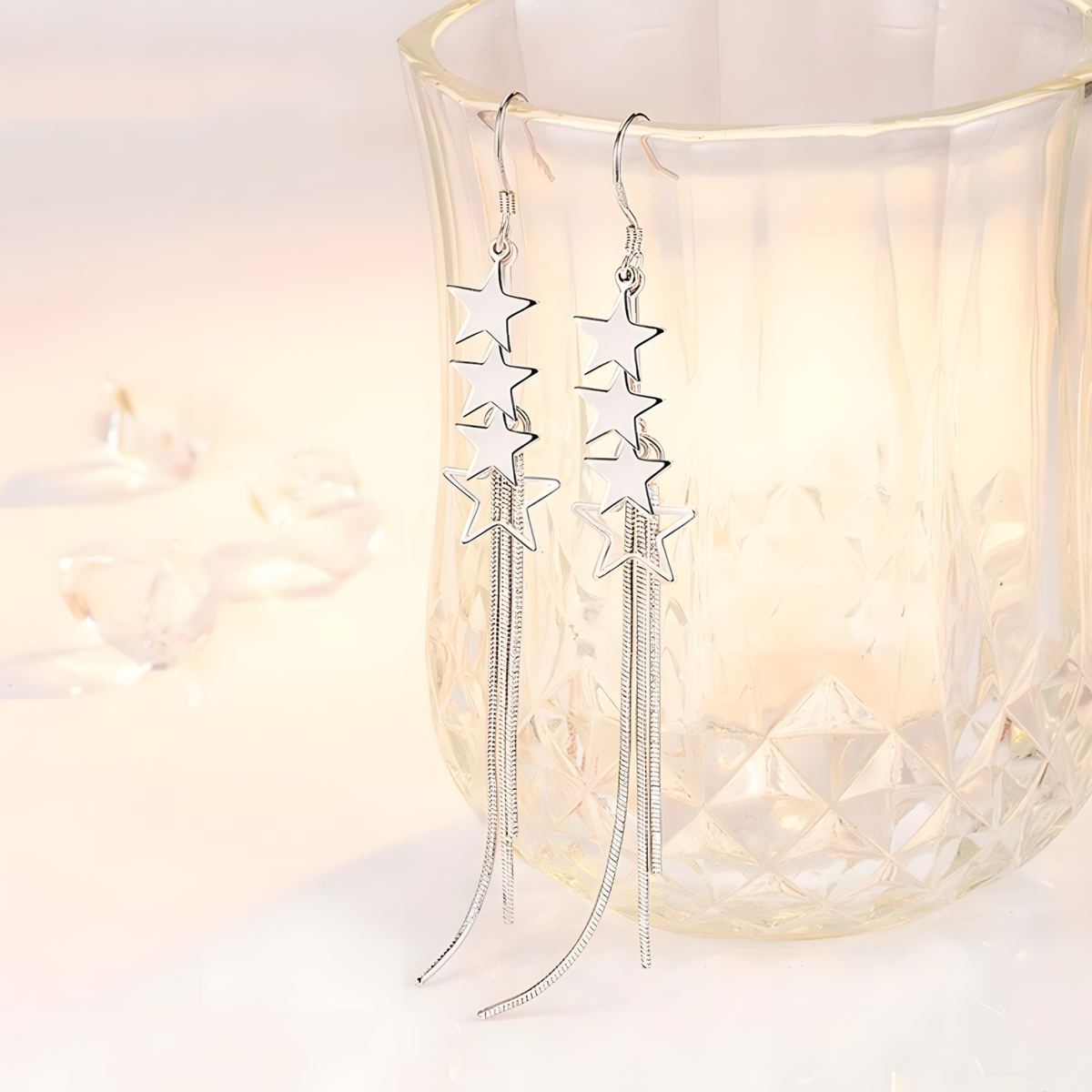 925 Sterling Silver Star Drop Earrings, Long Tassel Dangle, Sparkling 325