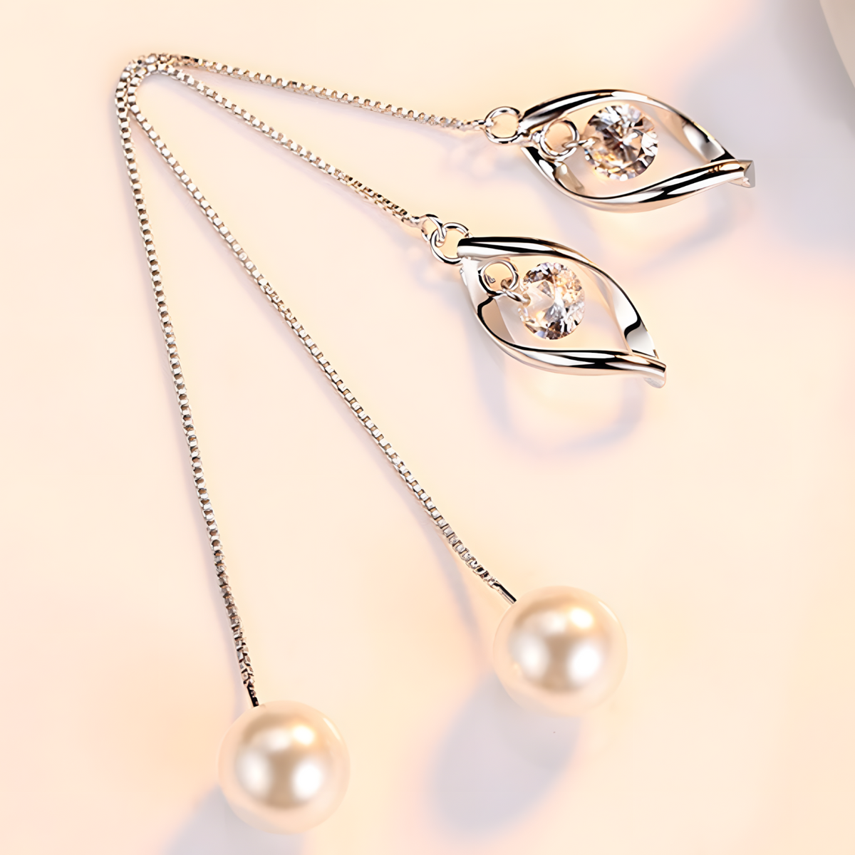 Elegant Pearl Threader Earrings Women Long Drop Chain Earrings Cubic Zircon 1022