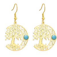 Filigree Tree of Life Dangle Earrings for Women, Crescent Moon Earrings B172