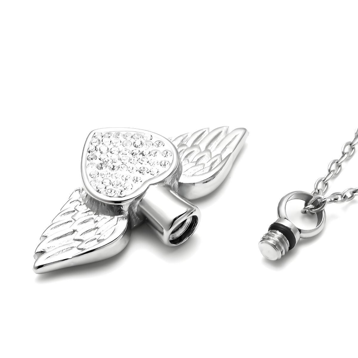 Angel Wing Heart Urn Necklace Ashes – Rhinestone Memorial Pendant,Cremation 1231