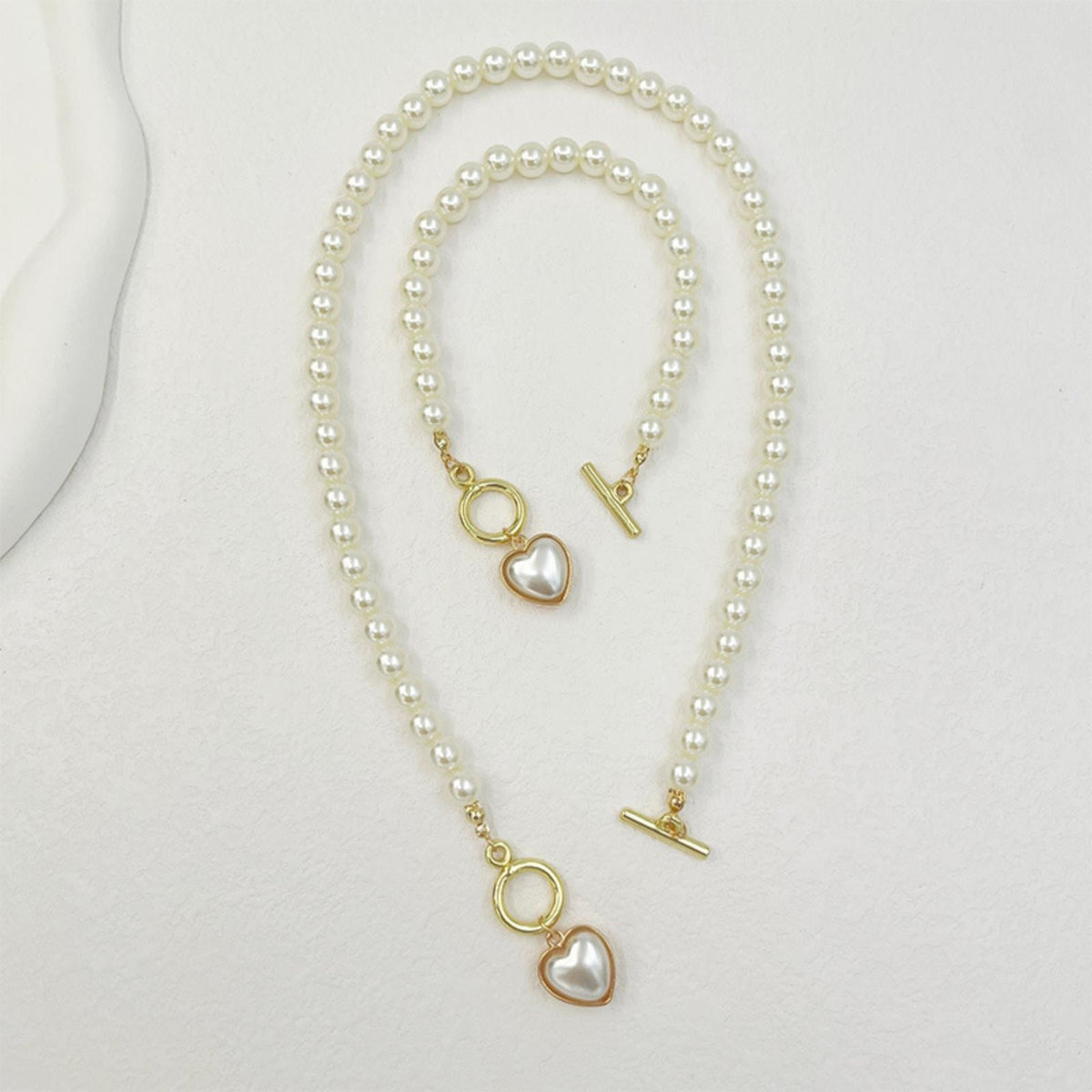 2 PCS Pearl Heart Necklace & Bracelet Set for Women – Simulated Pearl Beaded 708
