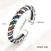 925 Sterling Silver Adjustable Ring, Colorful CZ Stone Ring, Twisted Rope 374