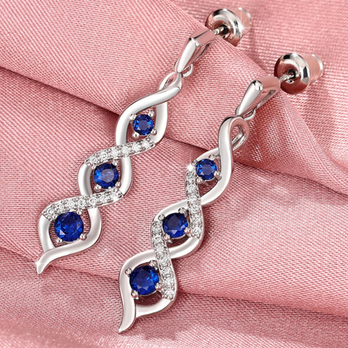 Blue Crystal Dangle Drop Earrings for Women – Elegant Long Twist Design  B6