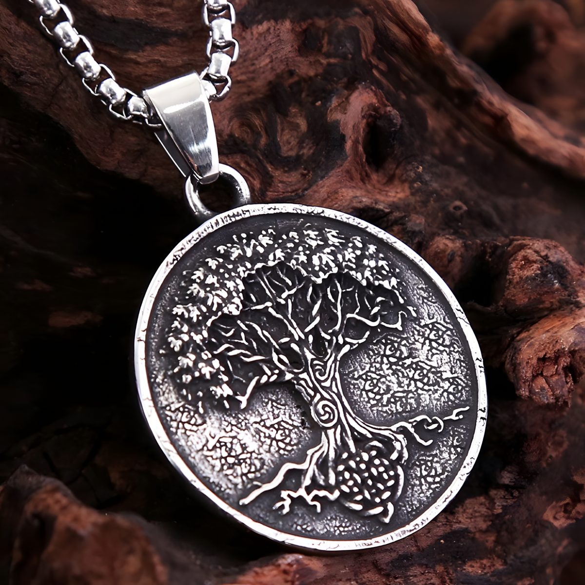 Stainless Steel Vintage Tree Of Life Pendant Necklace Textured Nordic Style 1071