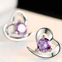 Sterling Silver 925 Amethyst Stone Heart Shaped Stud Earrings Girls Women 481