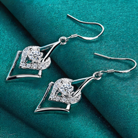 Silver Plated Geometric Heart Drop Earrings-Copper Alloy 925 Silver Plating 1207