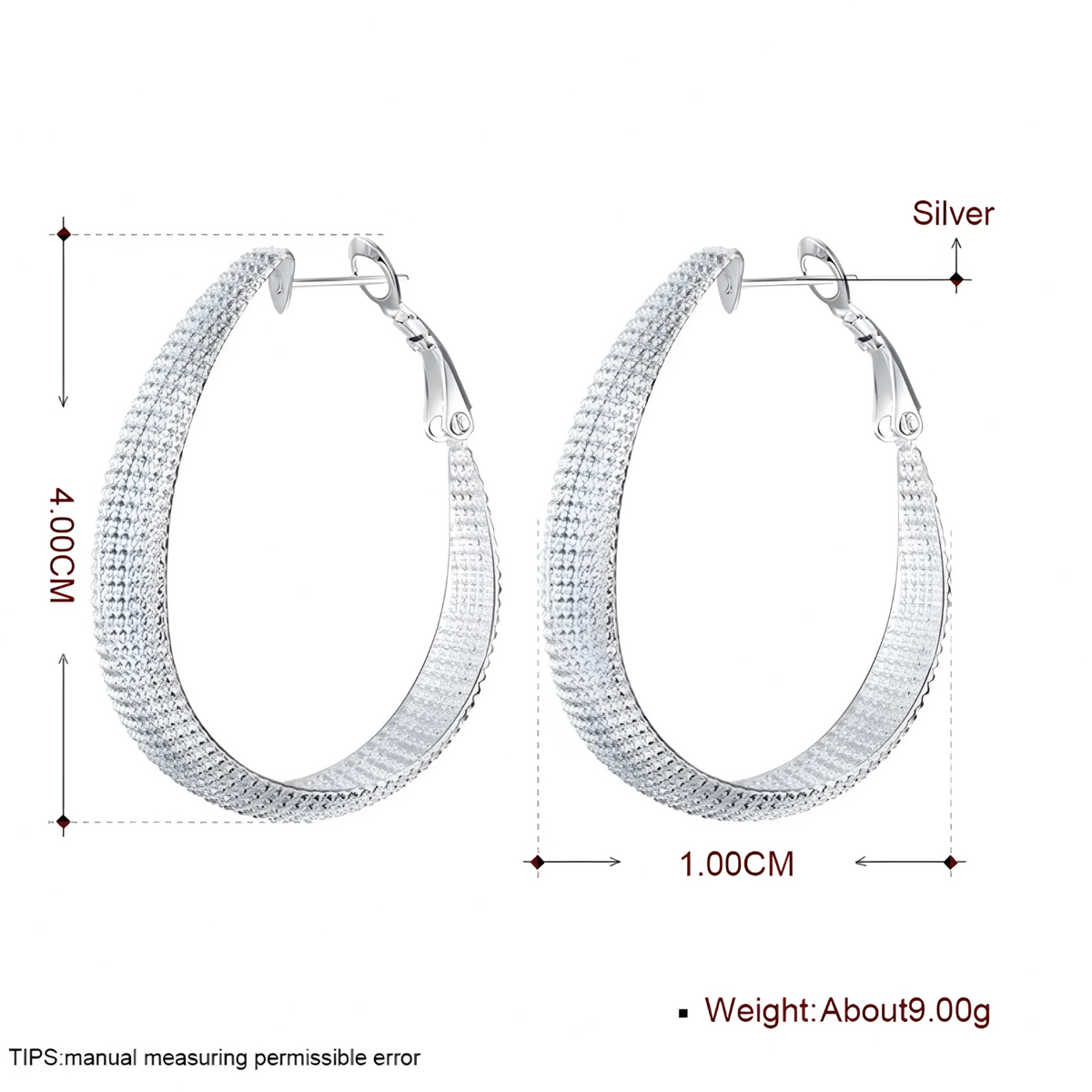 Silver Hoop Earrings Women 4cm Large Textured Round Hoops 1cm Wide Polished 1409