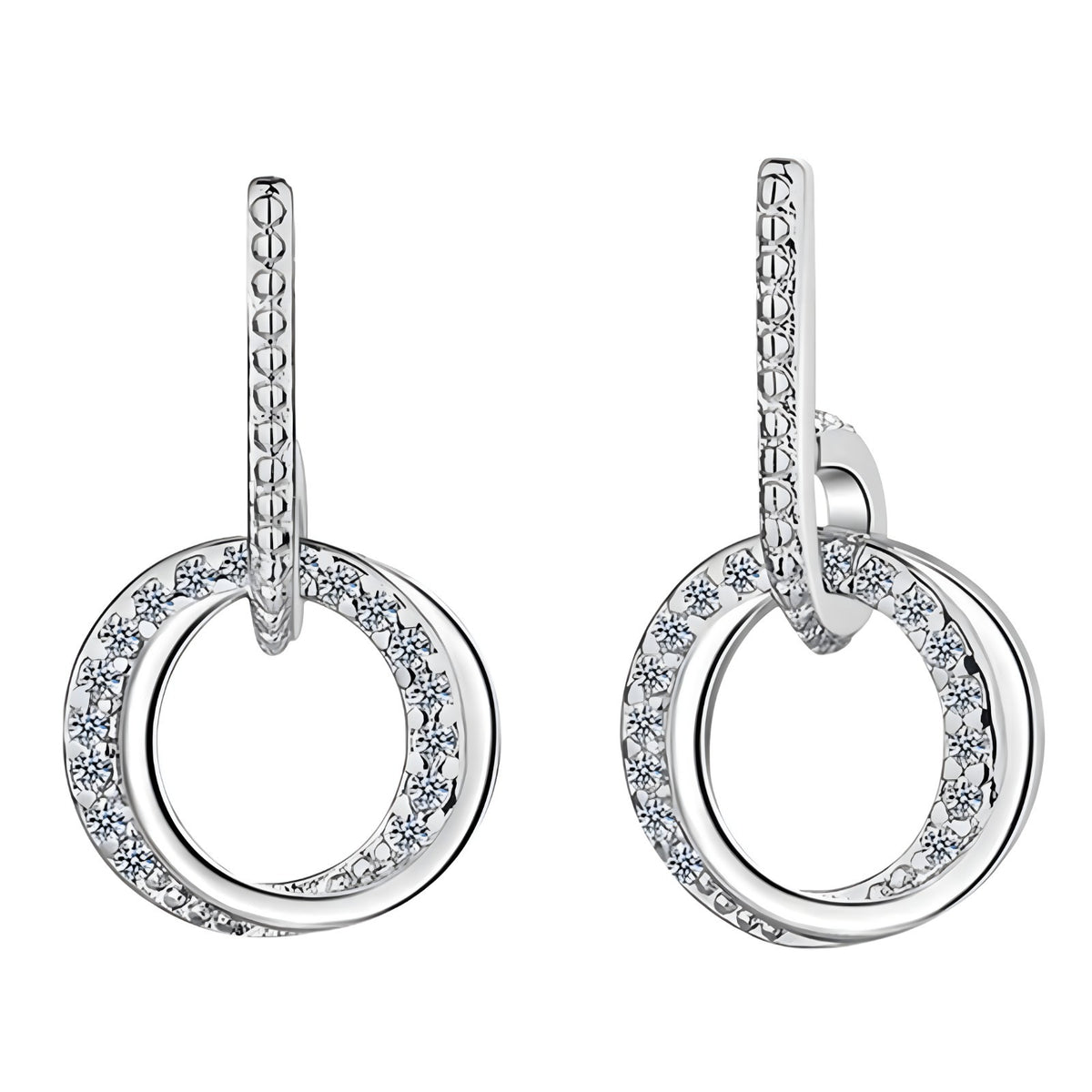 Sterling Silver Double Circle Drop Earrings with Rhinestone Accents Elegant 346