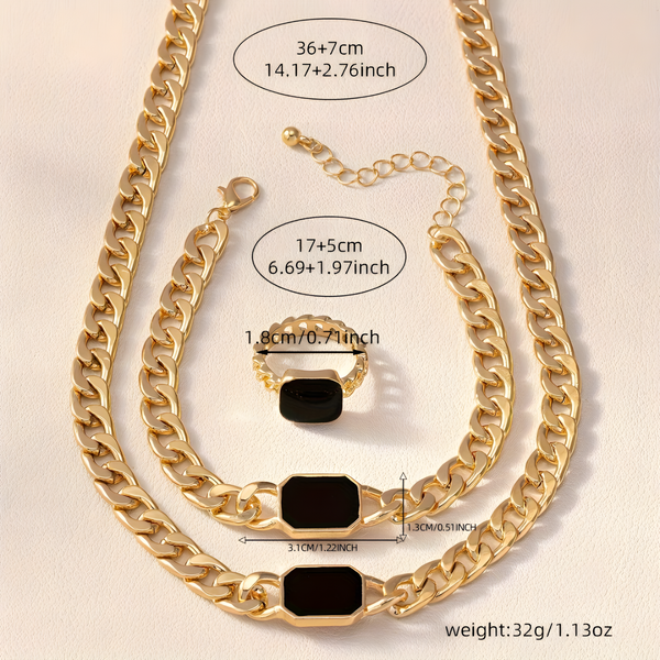 3-Piece Gold Colour Jewellery Set Chain Necklace, Bracelet & Adjustable Ring 728