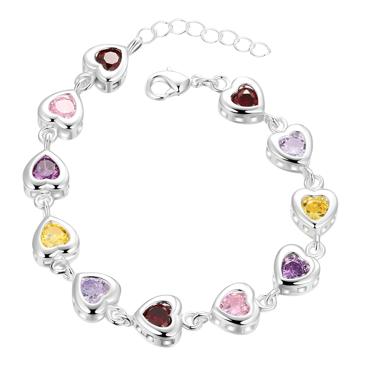 Adjustable Heart Crystal Charm Bracelet 20cm Silver Tone Multicolour Heart 1734