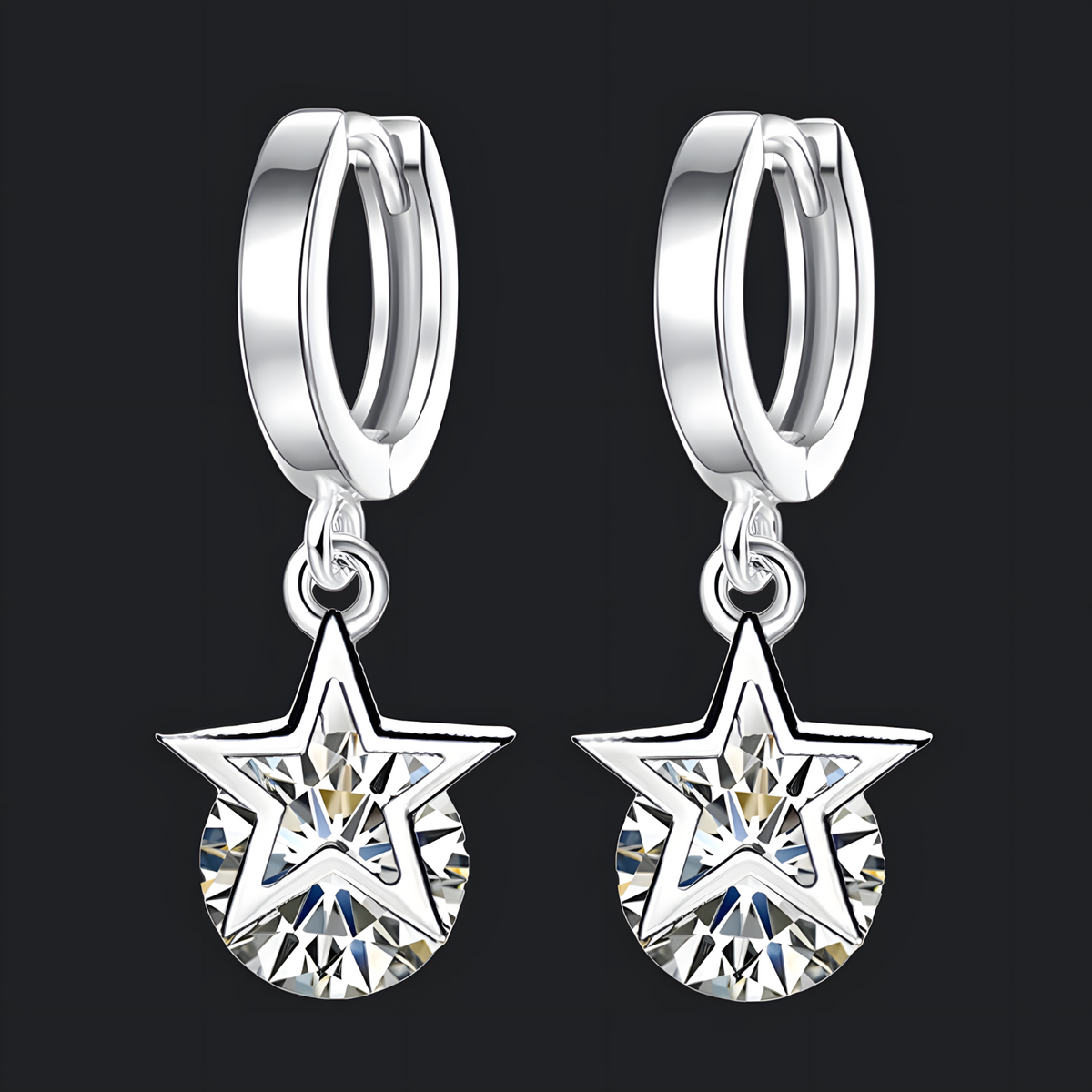 Crystal Star Hoop Earrings Women – Trendy Silver-Tone Huggie Dangle Earrings 998
