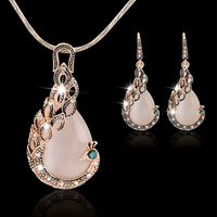 Vintage Cat Eye Stone Peacock Necklace & Earrings Set – Gold-Tone Water Drop 682