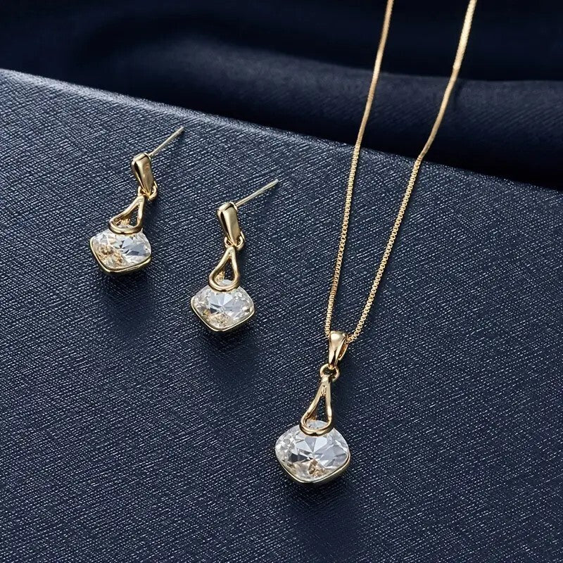 Inlaid Square Shape Crystal Jewelry Set With Pendant Necklace & Drop Earrings 94
