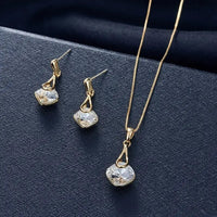 Inlaid Square Shape Crystal Jewelry Set With Pendant Necklace & Drop Earrings 94