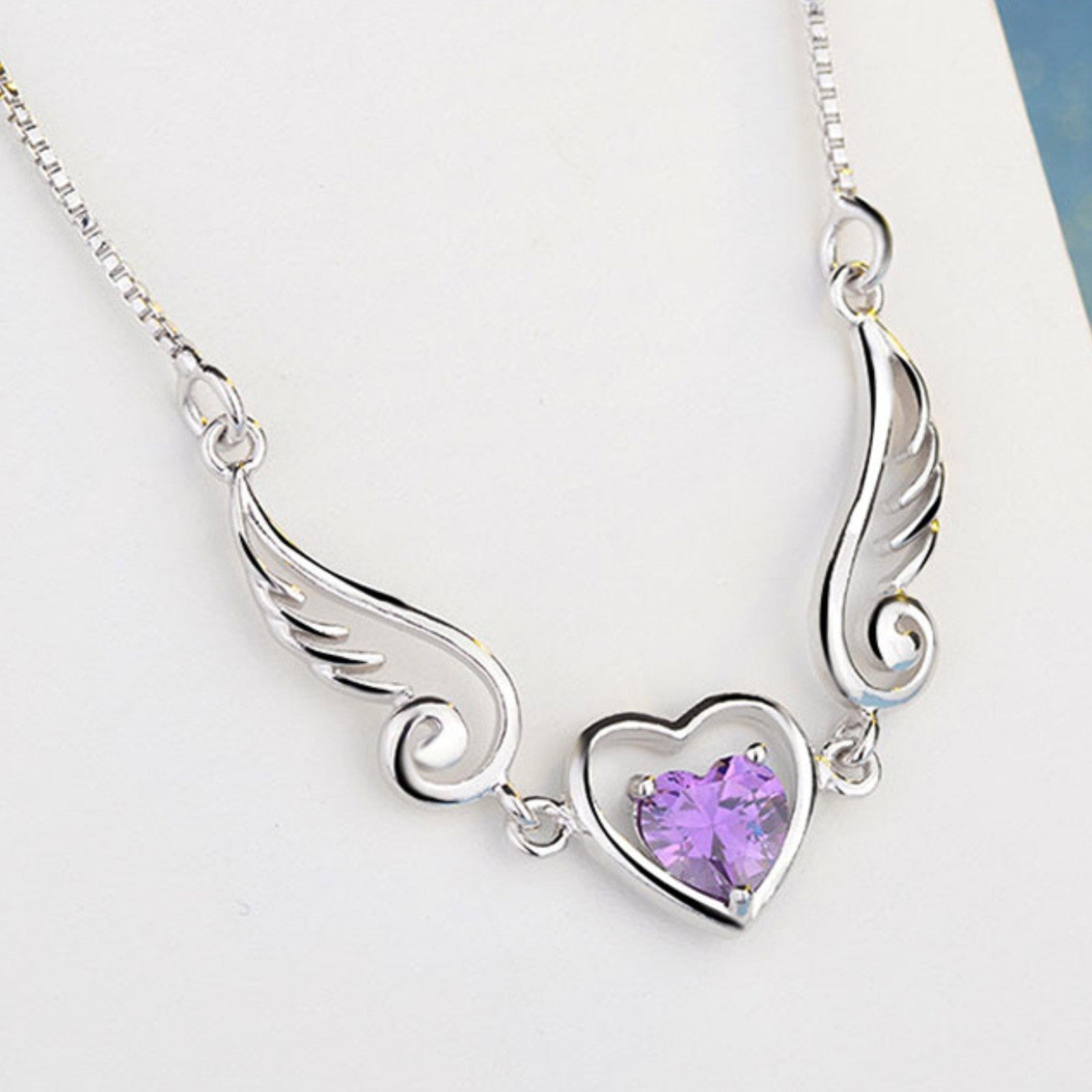 Unified Jewellery Sterling Silver Angel Wing Heart Necklace, Purple Crystal 329
