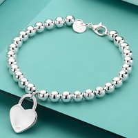 925 Sterling Silver 6MM beads chain charm Heart Pendant Bracelets for Women 1731