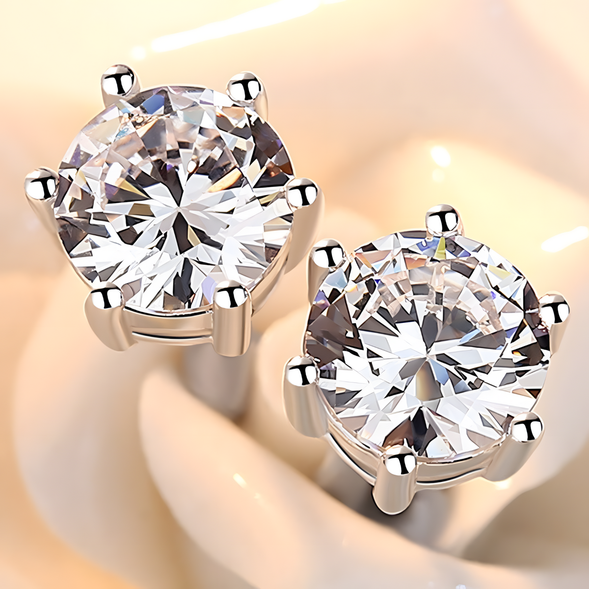 Silver-Plated CZ Solitaire Stud Earrings Women – Classic 6-Prong Round Cubic 988