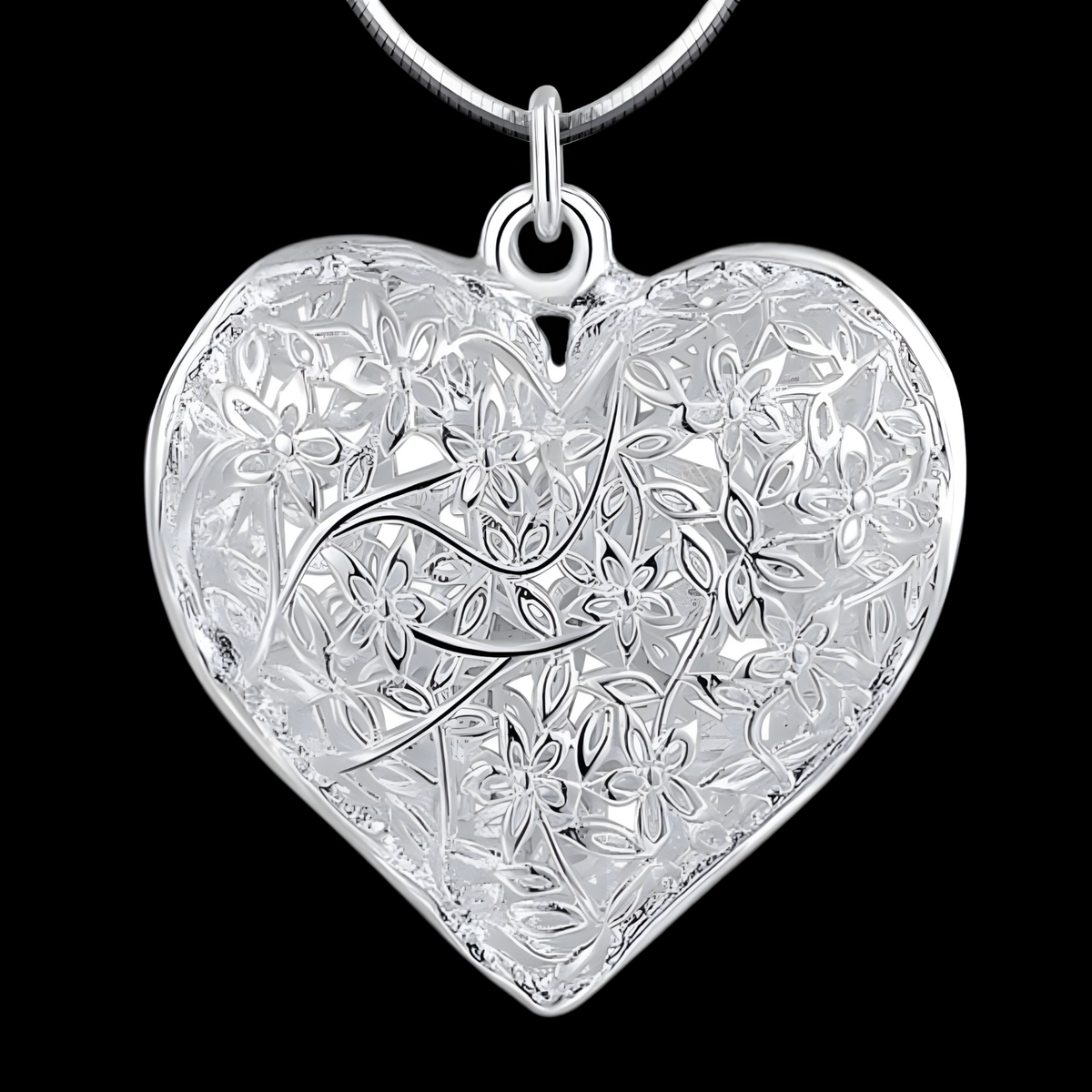 Filigree Heart Pendant Necklace for Women – Silver Plated Alloy Floral Cut 1101