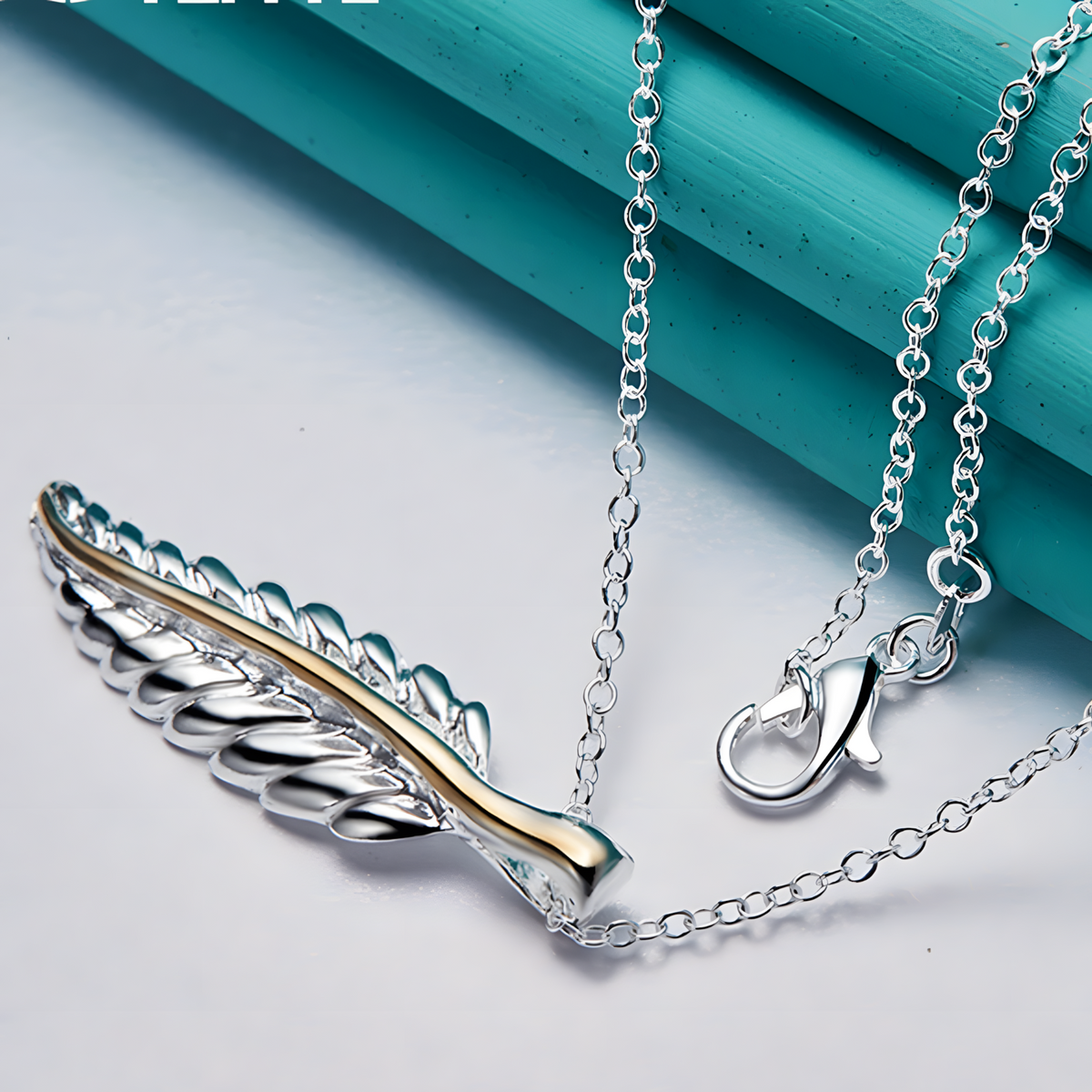 Feather Pendant Necklace 18 Inch Snake Chain - Two Tone Textured Feather 1500