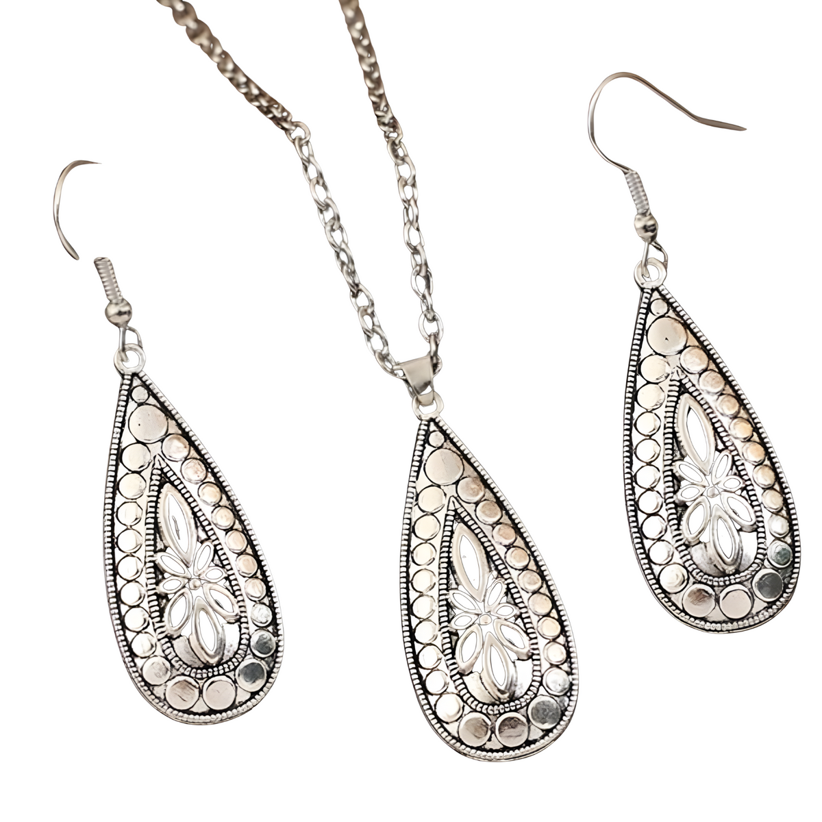 Vintage Water Drop Floral Carved Necklace and Drop Earrings Set, Teardrop 1723