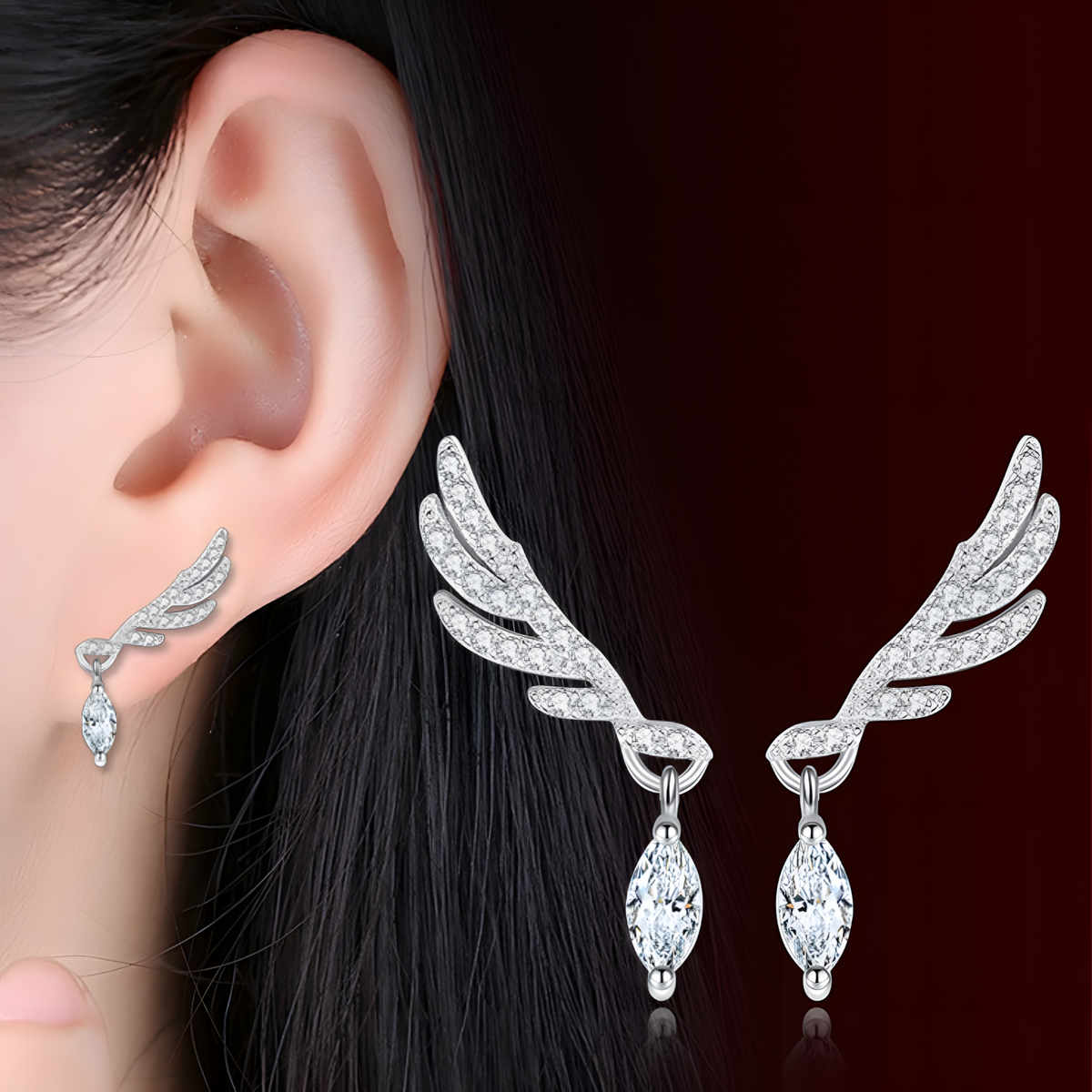Feather Wing Crystal Stud Earring for Women – Trendy Angel Wing Design 1057