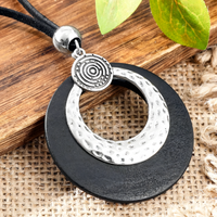 Boho Hammered Hoop Jewellery Set Women, Black Cord Round Pendant Necklace 1709