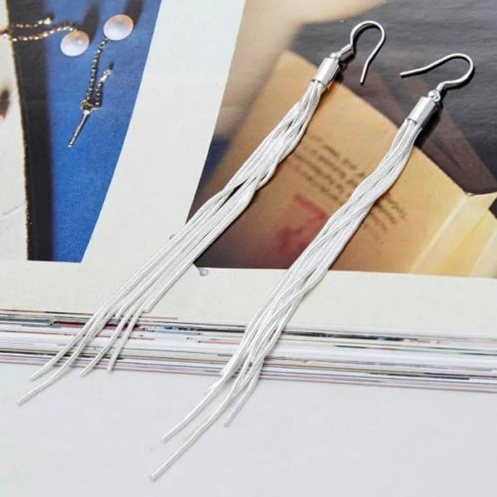 Long Silver Tassel Drop Earrings Women Multi-Strand Stainless Steel & Zinc 1001
