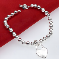 925 Sterling Silver 6MM beads chain charm Heart Pendant Bracelets for Women 1731