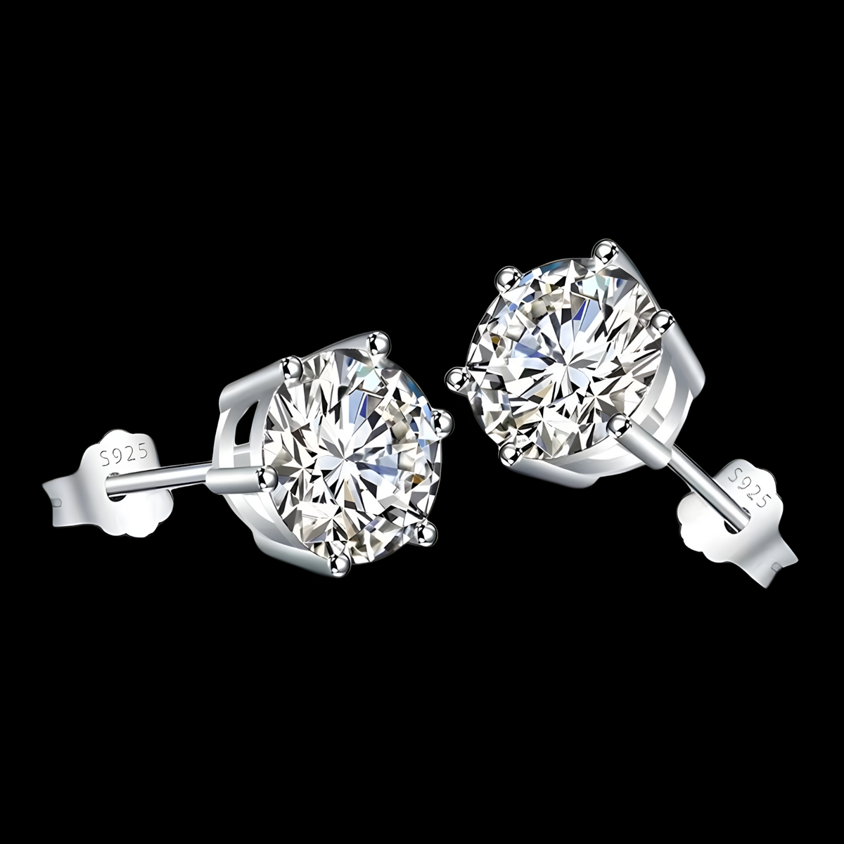 Silver-Plated CZ Solitaire Stud Earrings Women – Classic 6-Prong Round Cubic 988