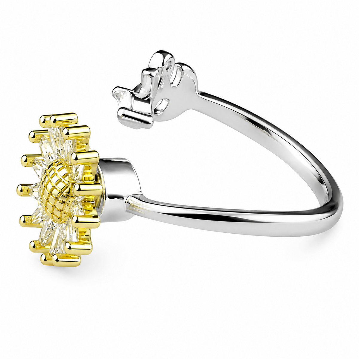 Two Tone Sunflower Ring Adjustable Open Ring with Clear Marquise Stone 1586