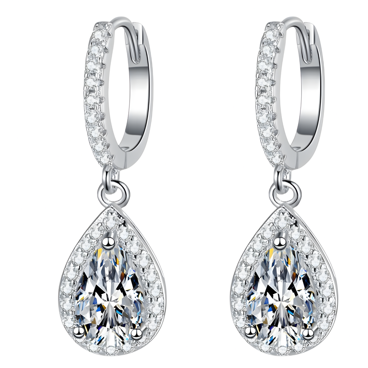 Women’s Rhodium-Plated Alloy Pear Cut Cubic Zirconia Drop Earrings Halo 1445